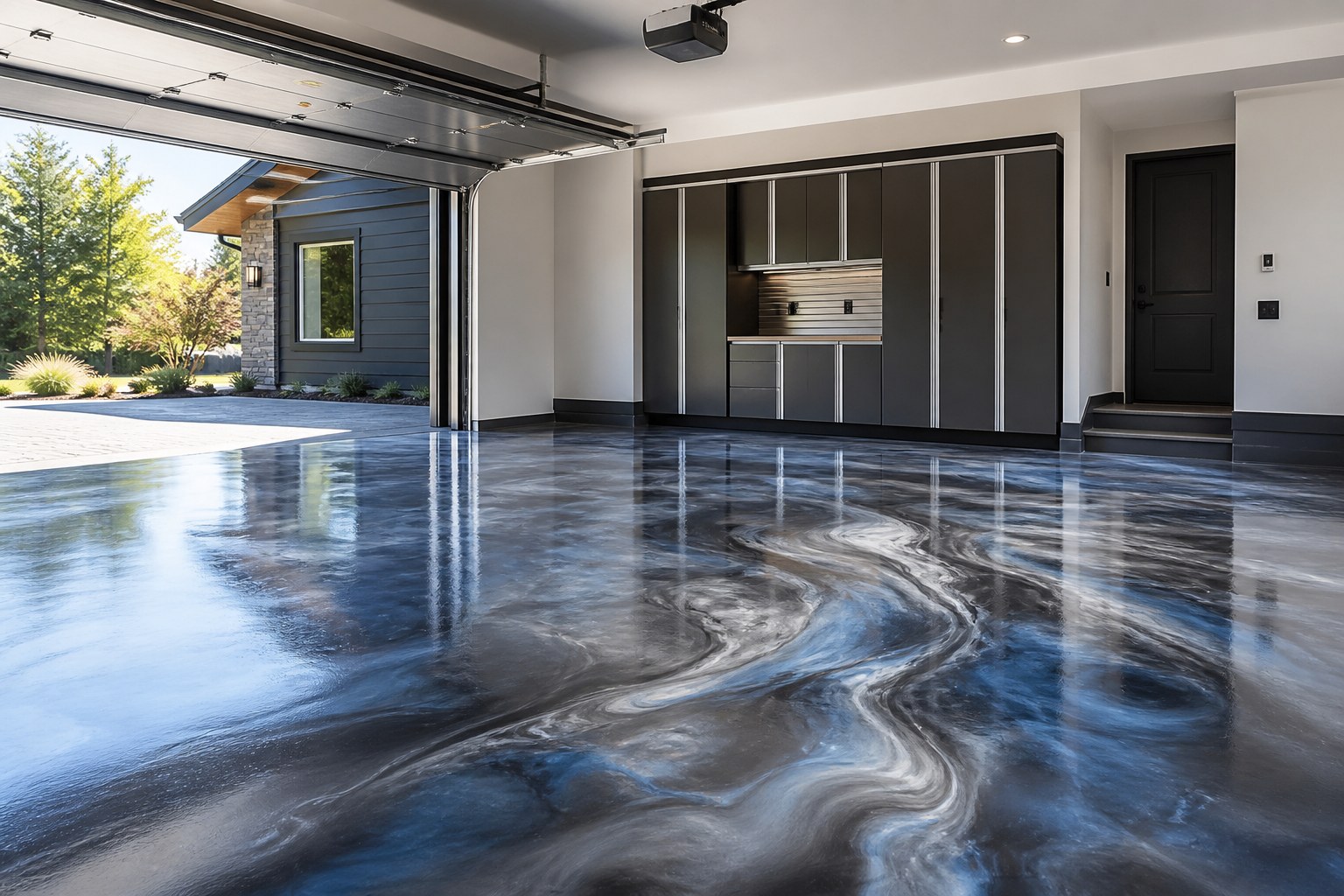 Fresh metallic epoxy floor in a modern garage