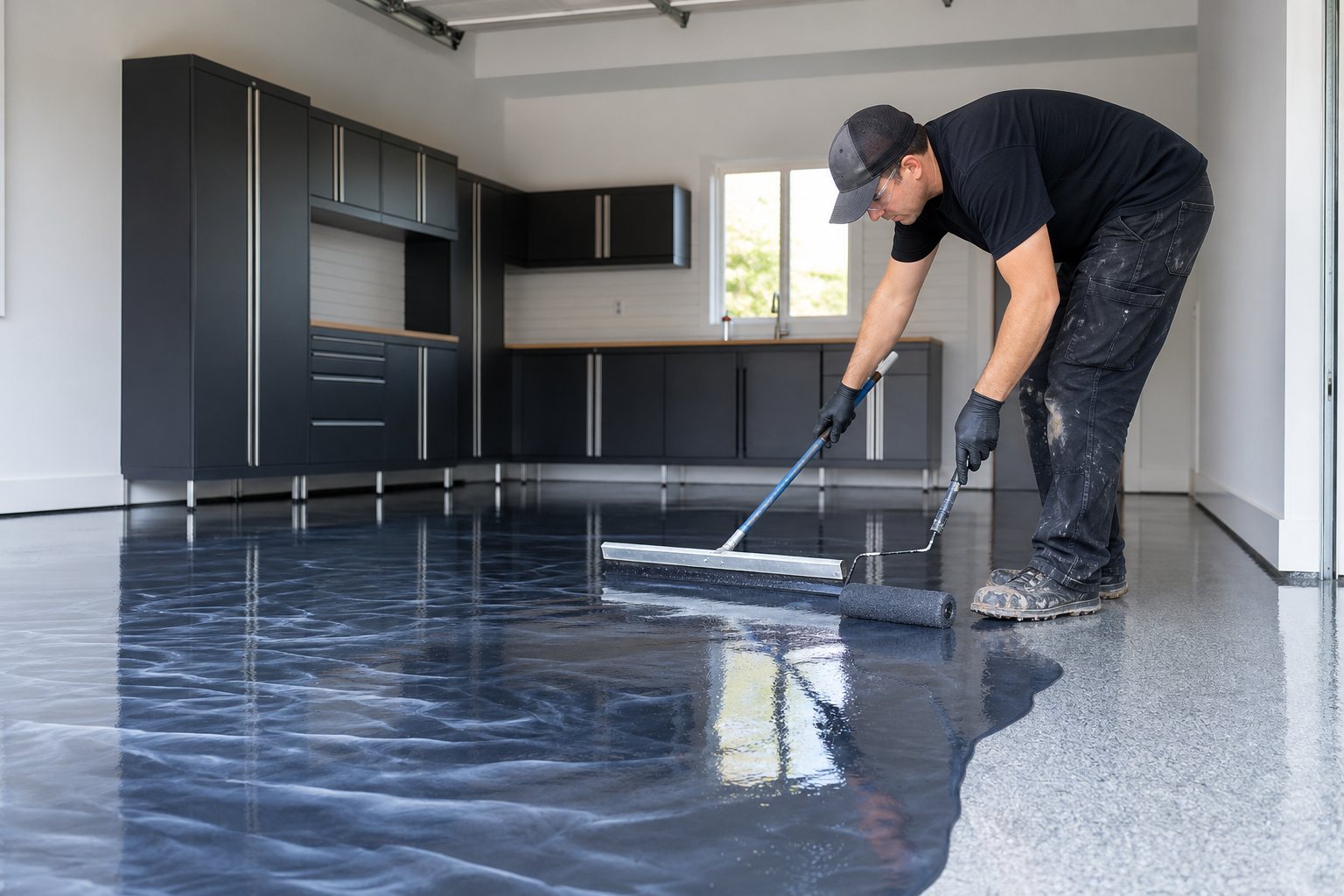 Epoxy installer working on a floor coating